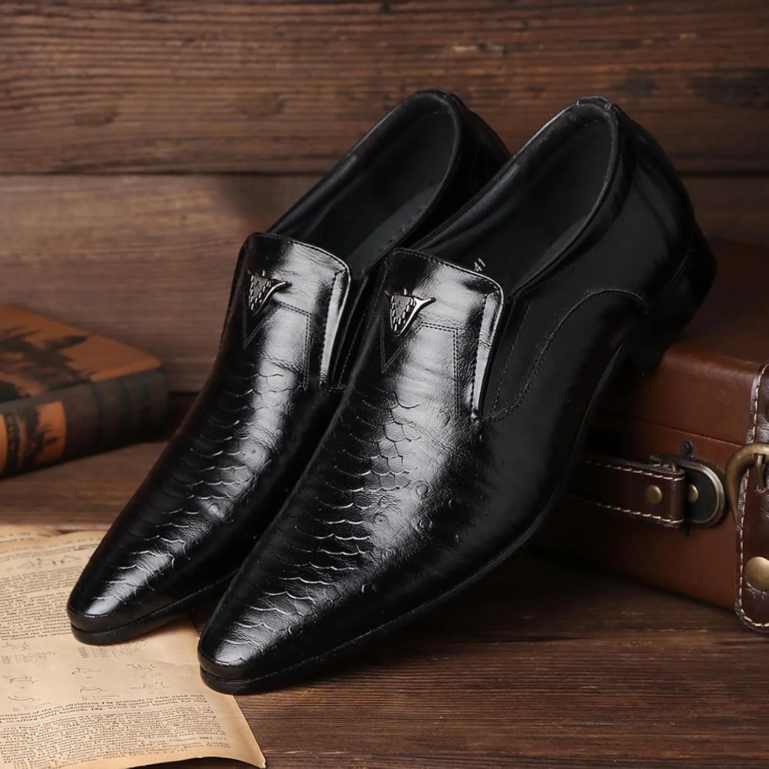 Black Dress Shoes Men Slip On Black British Business Shoe Pointed Toe Formal Leather Shoes Wedding Shoes for A Suit Modern Dress Shoes