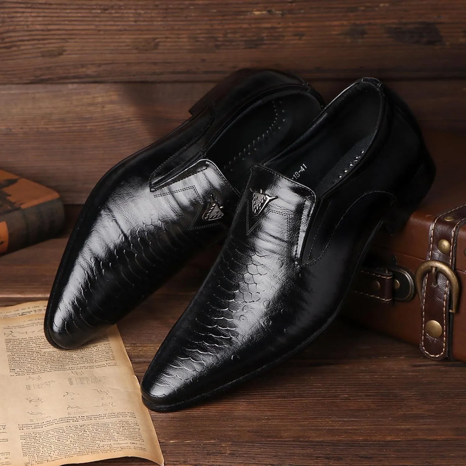 Black Dress Shoes Men Slip On Black British Business Shoe Pointed Toe Formal Leather Shoes Wedding Shoes for A Suit Modern Dress Shoes