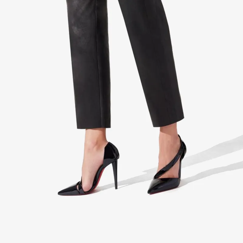 Black Patent Leather Pumps with Asymmetrical Vamp