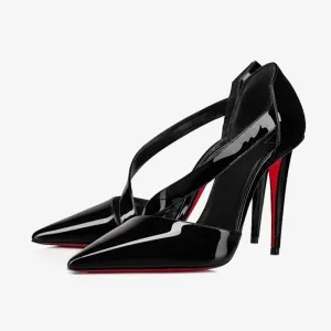 Black Patent Leather Pumps with Asymmetrical Vamp