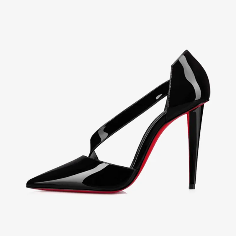 Black Patent Leather Pumps with Asymmetrical Vamp