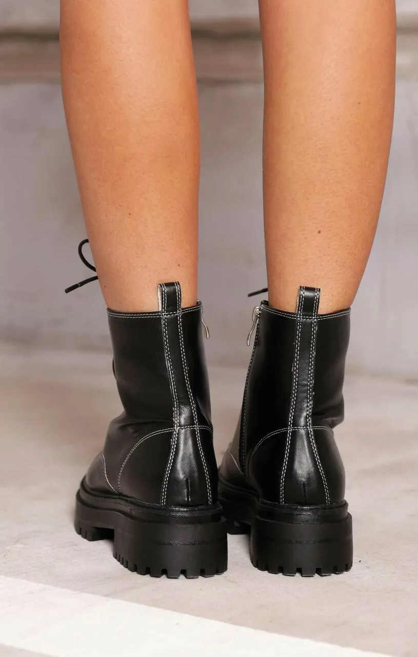 Black PU Faux Leather Chunky Platform Lace Up Ankle Biker Boots - Leighton