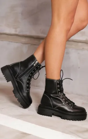 Black PU Faux Leather Chunky Platform Lace Up Ankle Biker Boots - Leighton