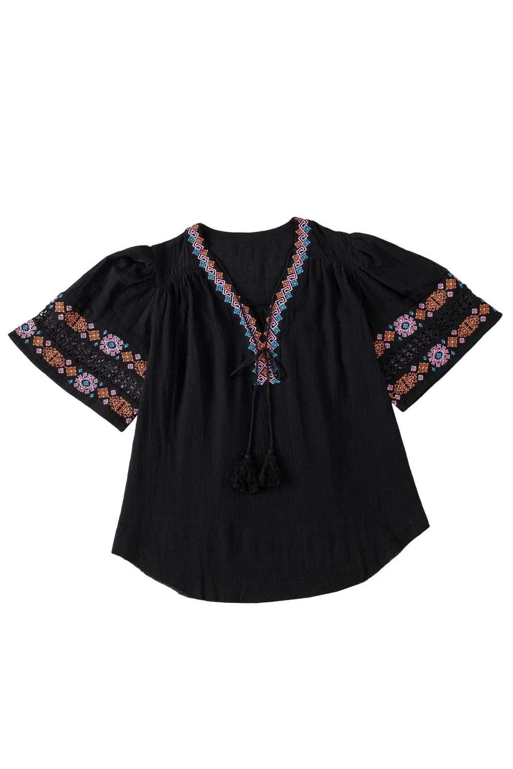 Boho Black Embroidered V Neck Top with Tassel Drawstring
