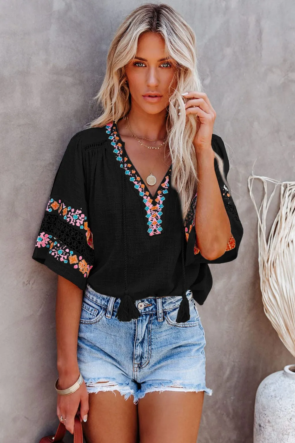 Boho Black Embroidered V Neck Top with Tassel Drawstring