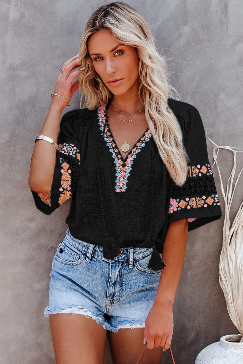 Boho Black Embroidered V Neck Top with Tassel Drawstring