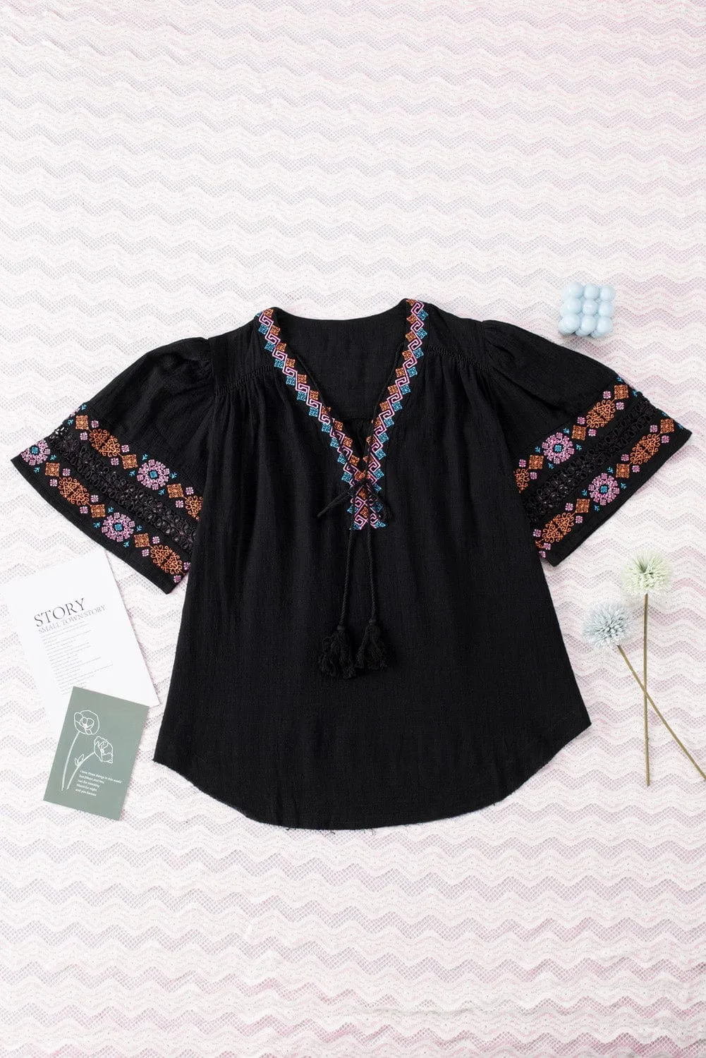 Boho Black Embroidered V Neck Top with Tassel Drawstring