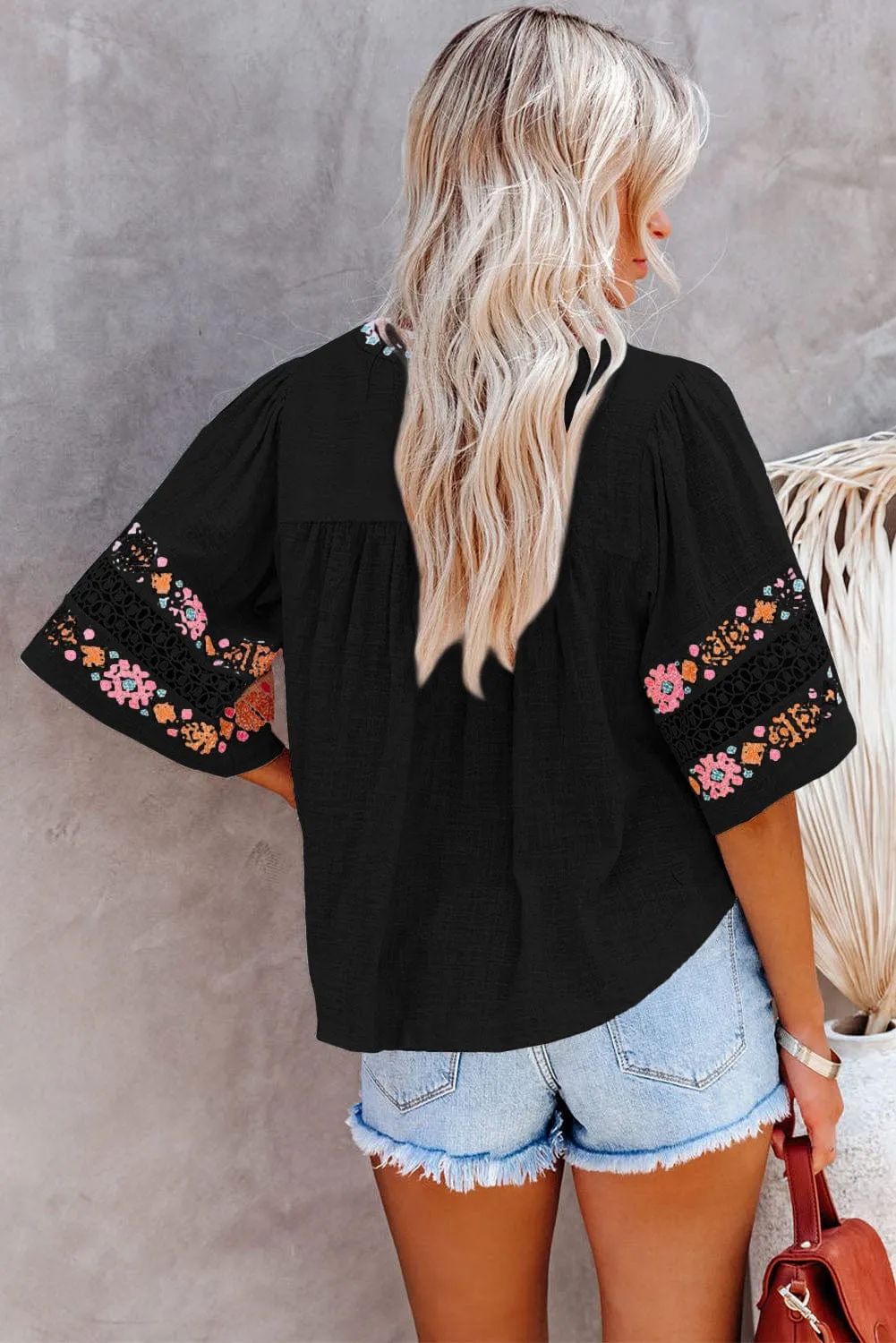Boho Black Embroidered V Neck Top with Tassel Drawstring