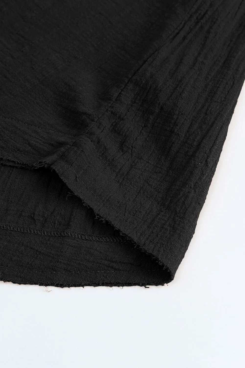Boho Black Embroidered V Neck Top with Tassel Drawstring