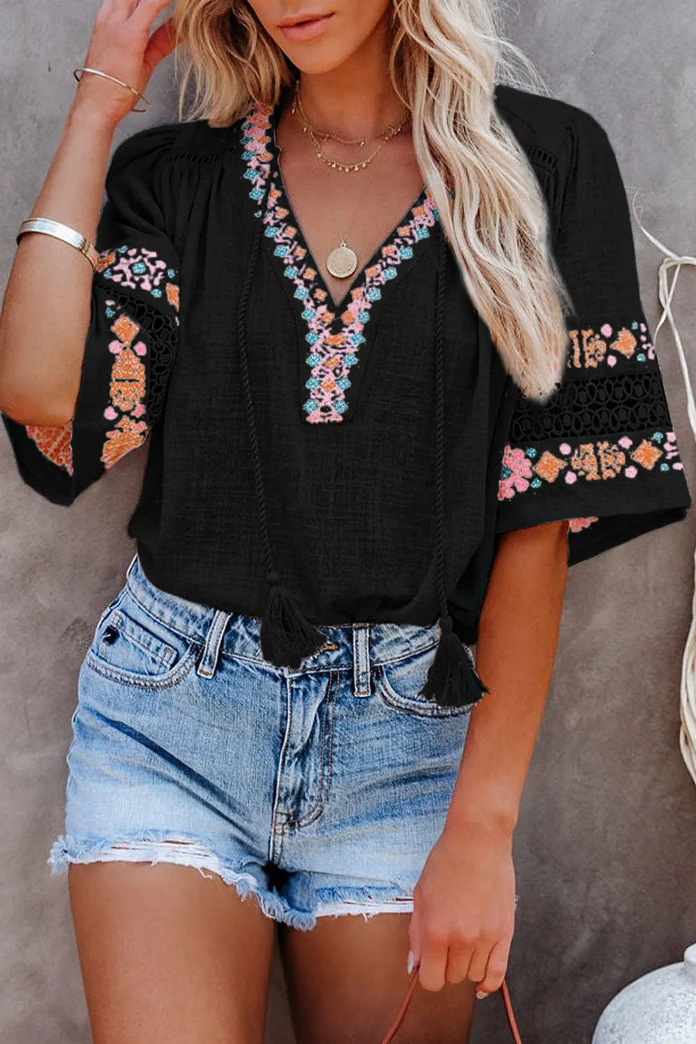 Boho Black Embroidered V Neck Top with Tassel Drawstring