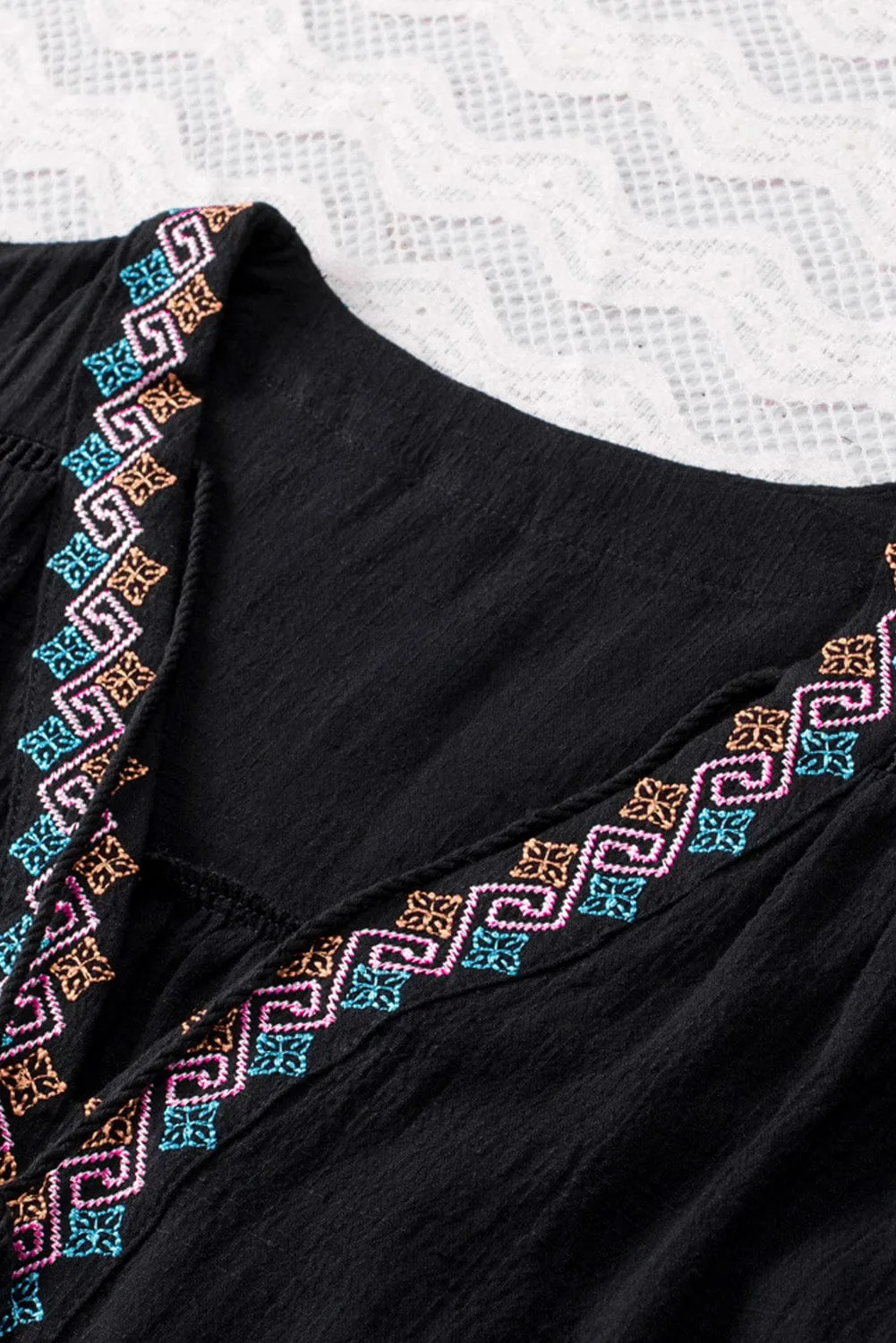 Boho Black Embroidered V Neck Top with Tassel Drawstring