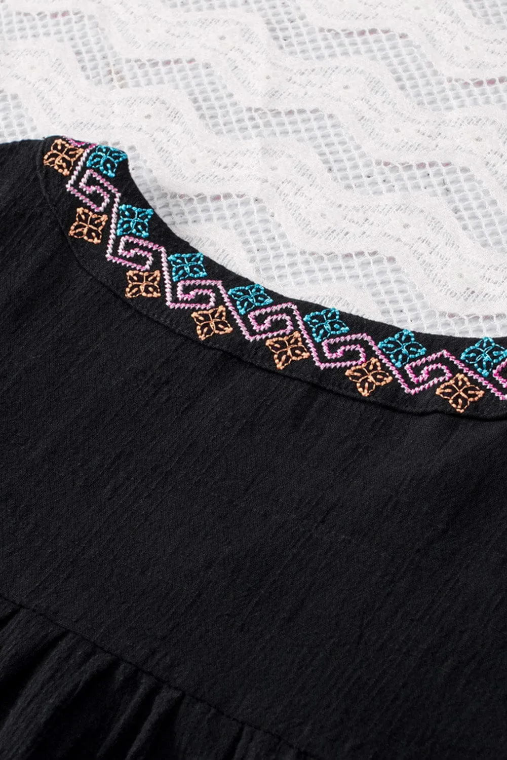 Boho Black Embroidered V Neck Top with Tassel Drawstring