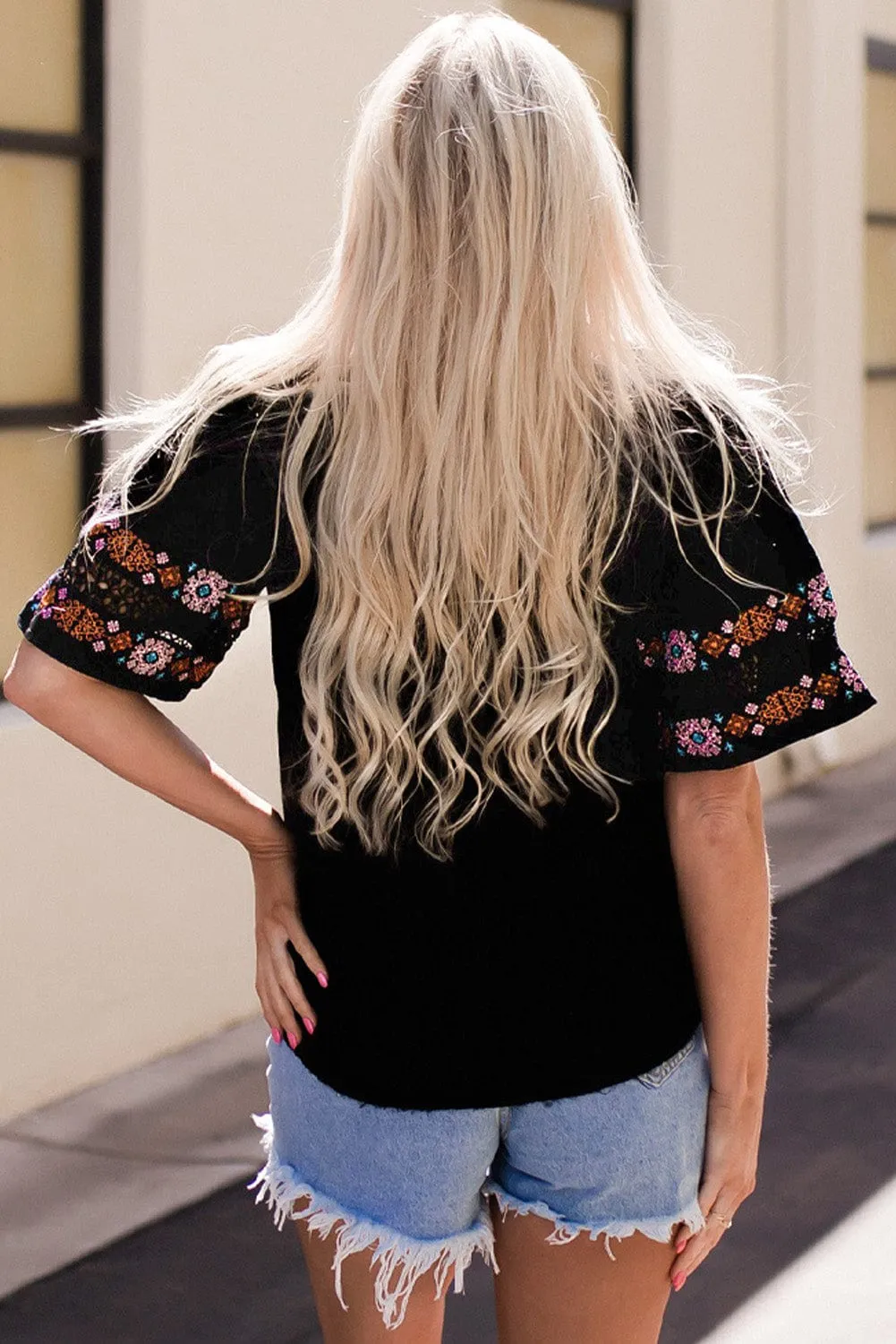 Boho Black Embroidered V Neck Top with Tassel Drawstring