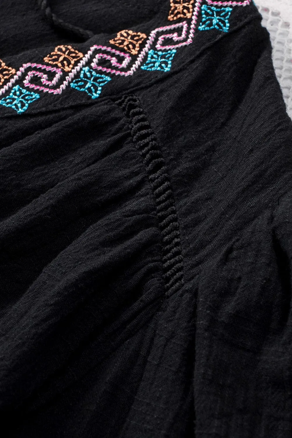 Boho Black Embroidered V Neck Top with Tassel Drawstring