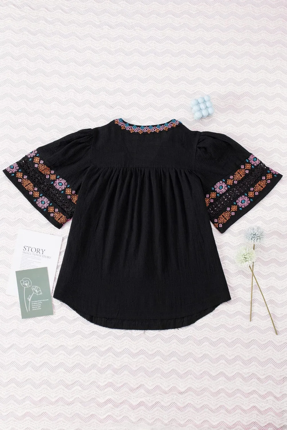 Boho Black Embroidered V Neck Top with Tassel Drawstring