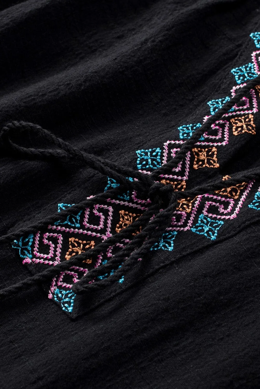 Boho Black Embroidered V Neck Top with Tassel Drawstring