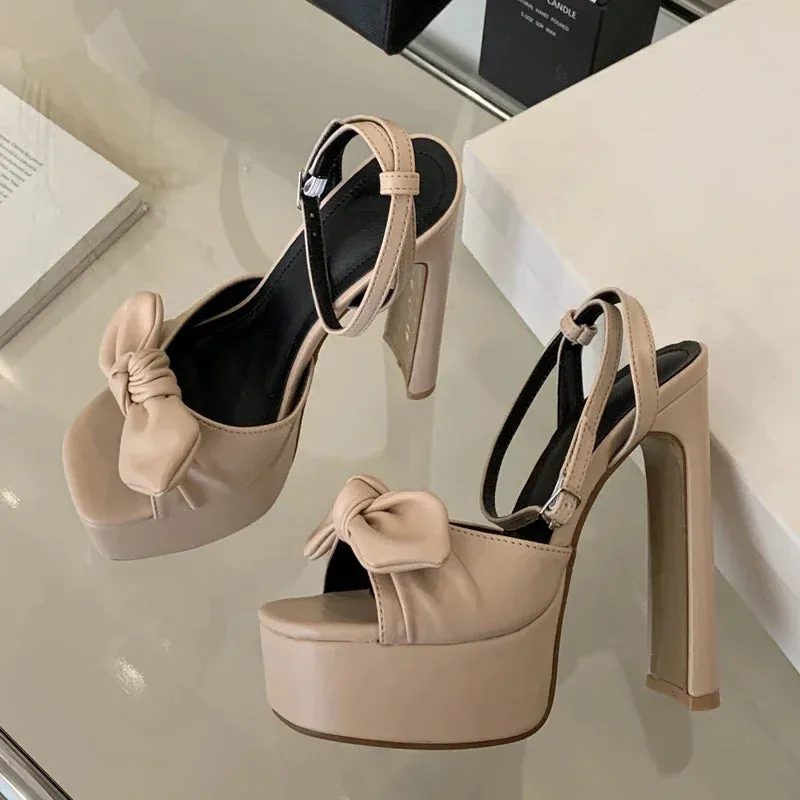 Butterfly-knot Square Toe Platform Heels Shoes