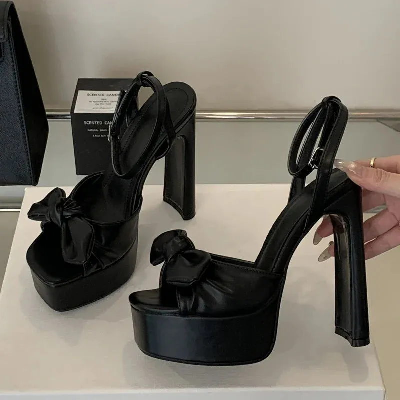 Butterfly-knot Square Toe Platform Heels Shoes