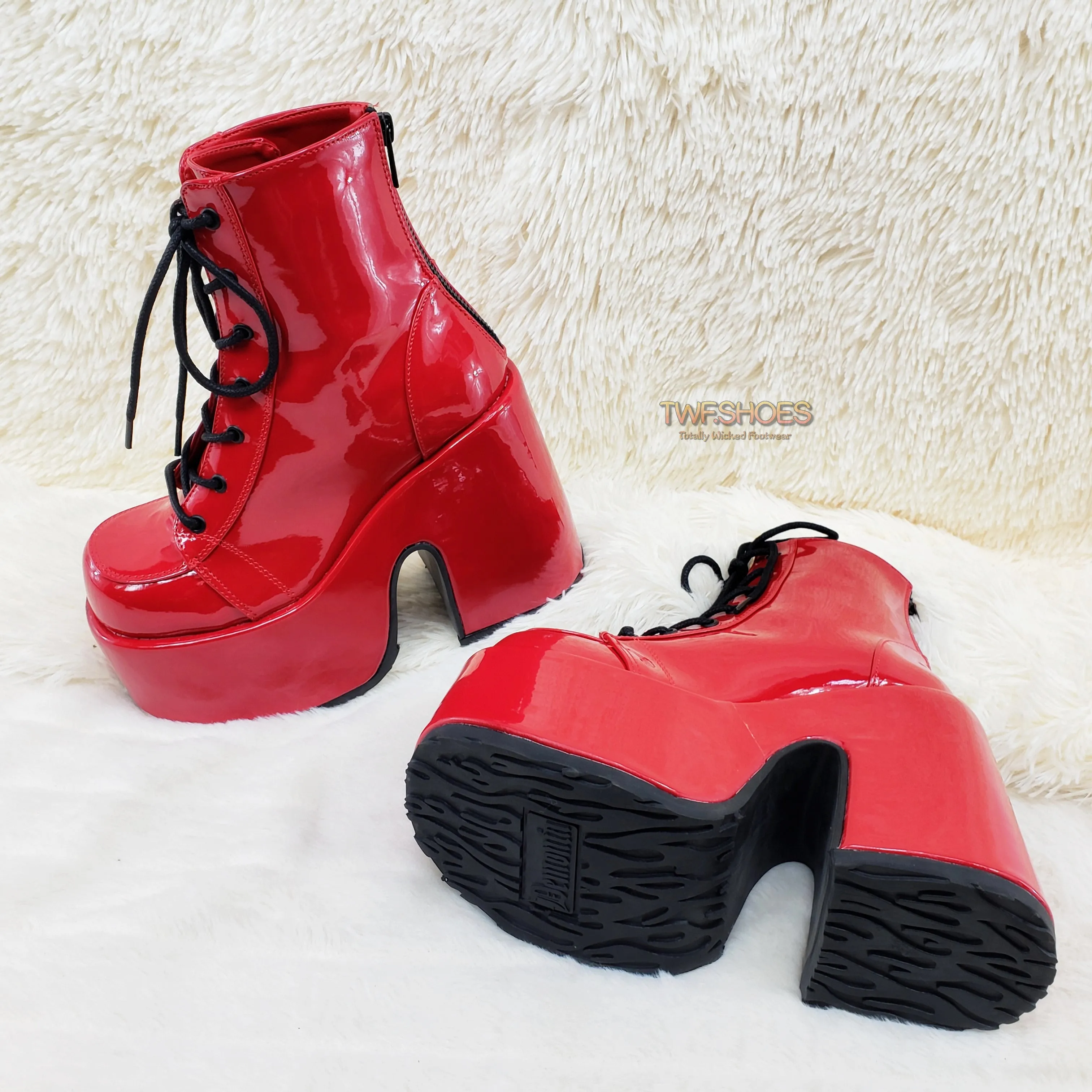 Camel 203 Red Patent Lace Up Goth Platform Ankle Boot  - Demonia Direct