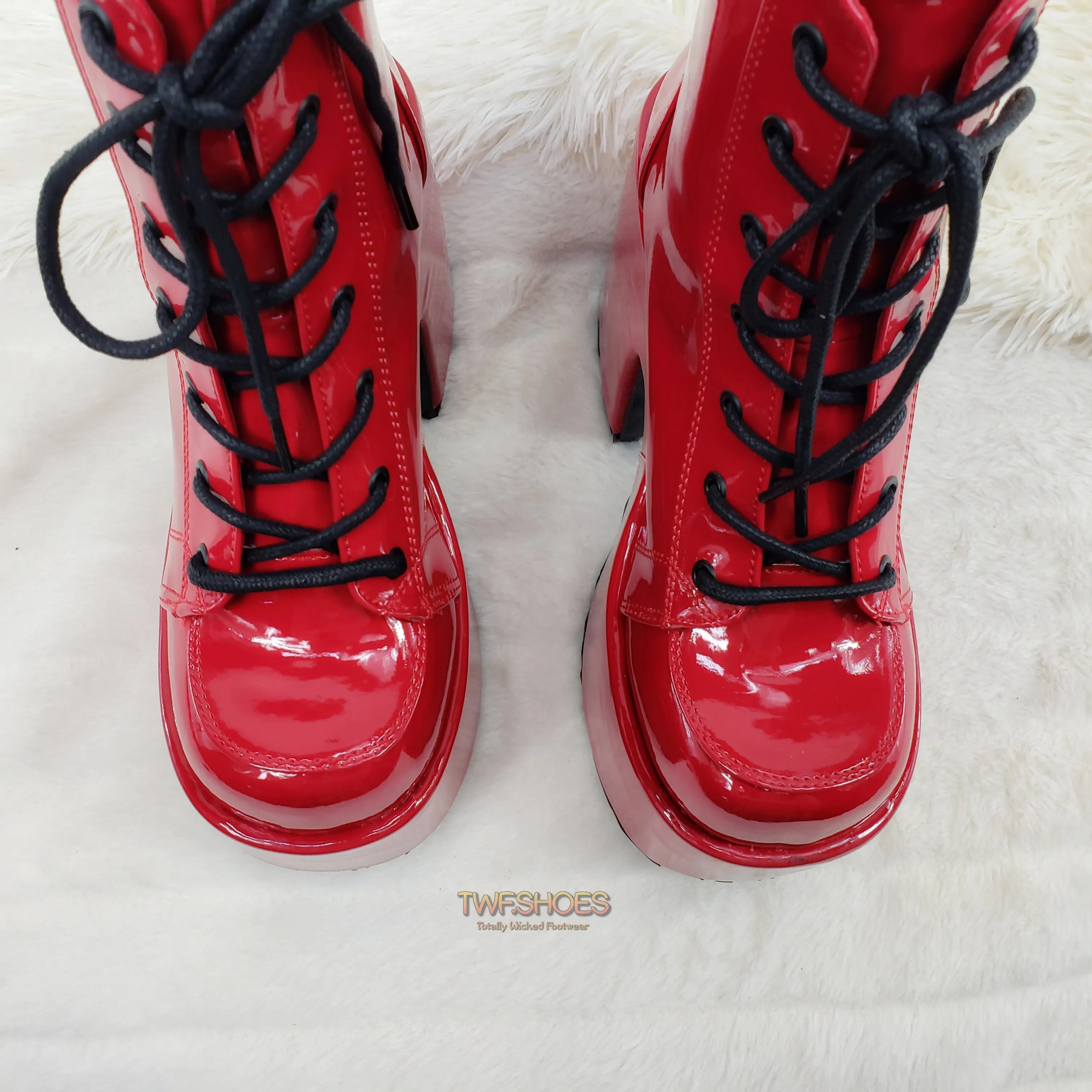 Camel 203 Red Patent Lace Up Goth Platform Ankle Boot  - Demonia Direct