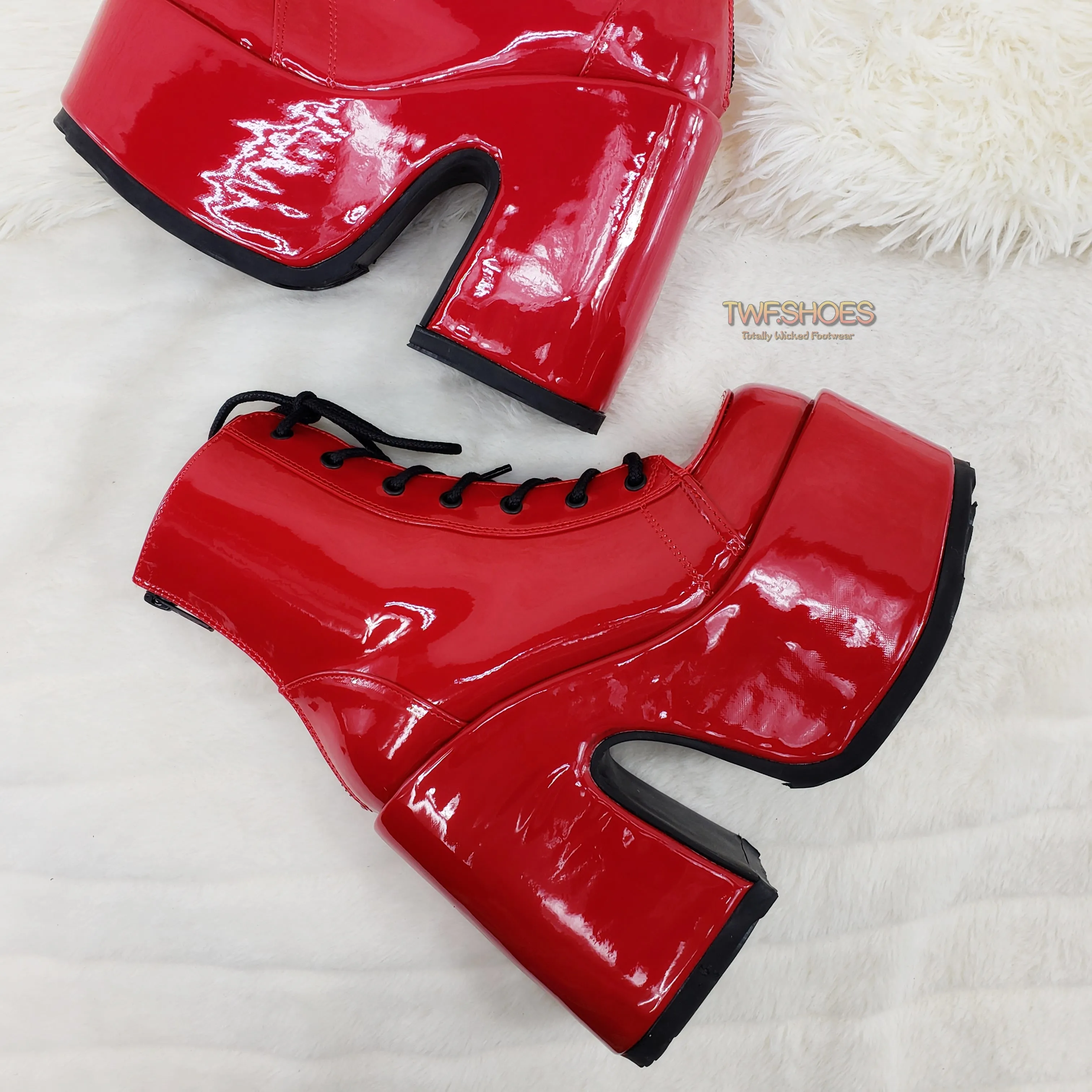 Camel 203 Red Patent Lace Up Goth Platform Ankle Boot  - Demonia Direct