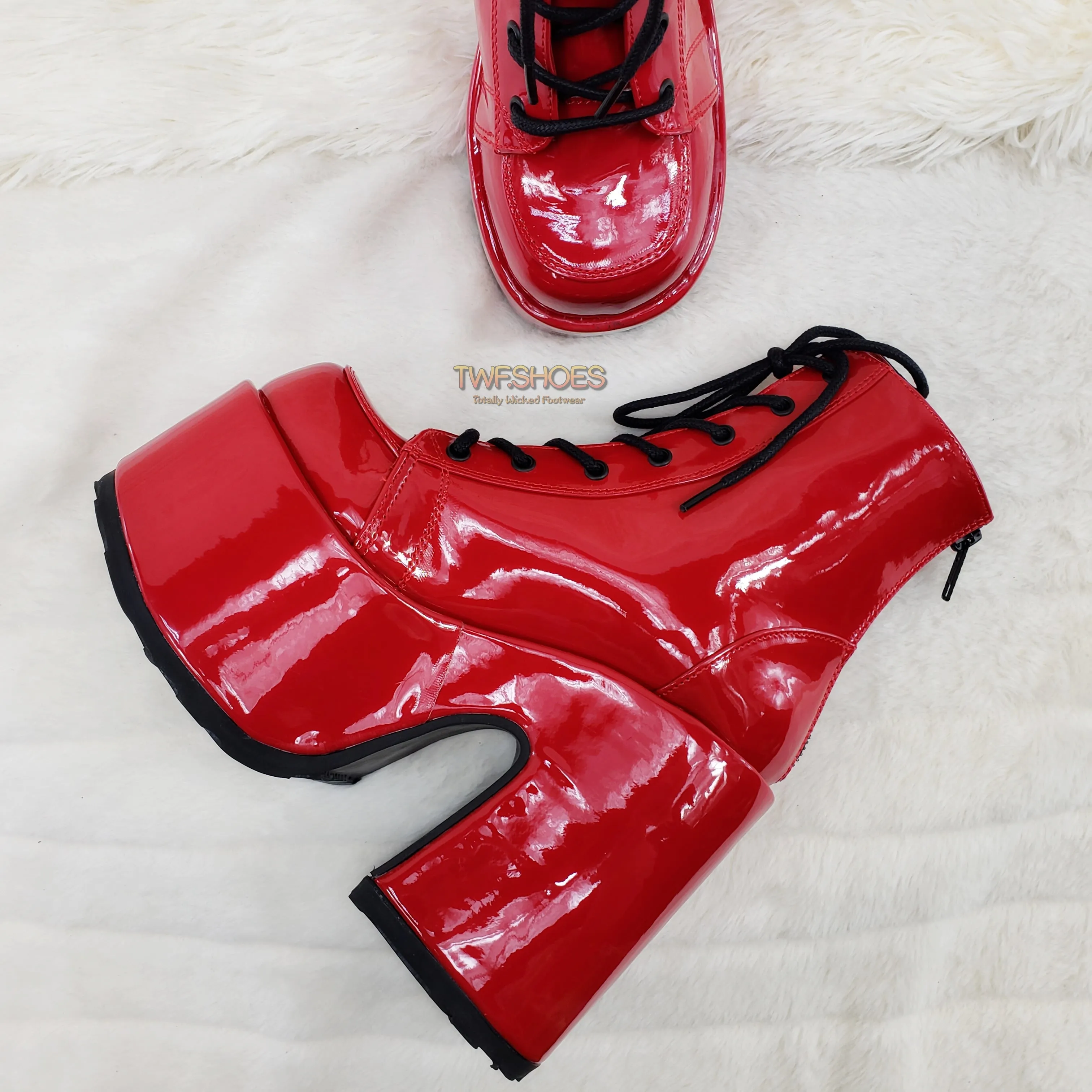 Camel 203 Red Patent Lace Up Goth Platform Ankle Boot  - Demonia Direct