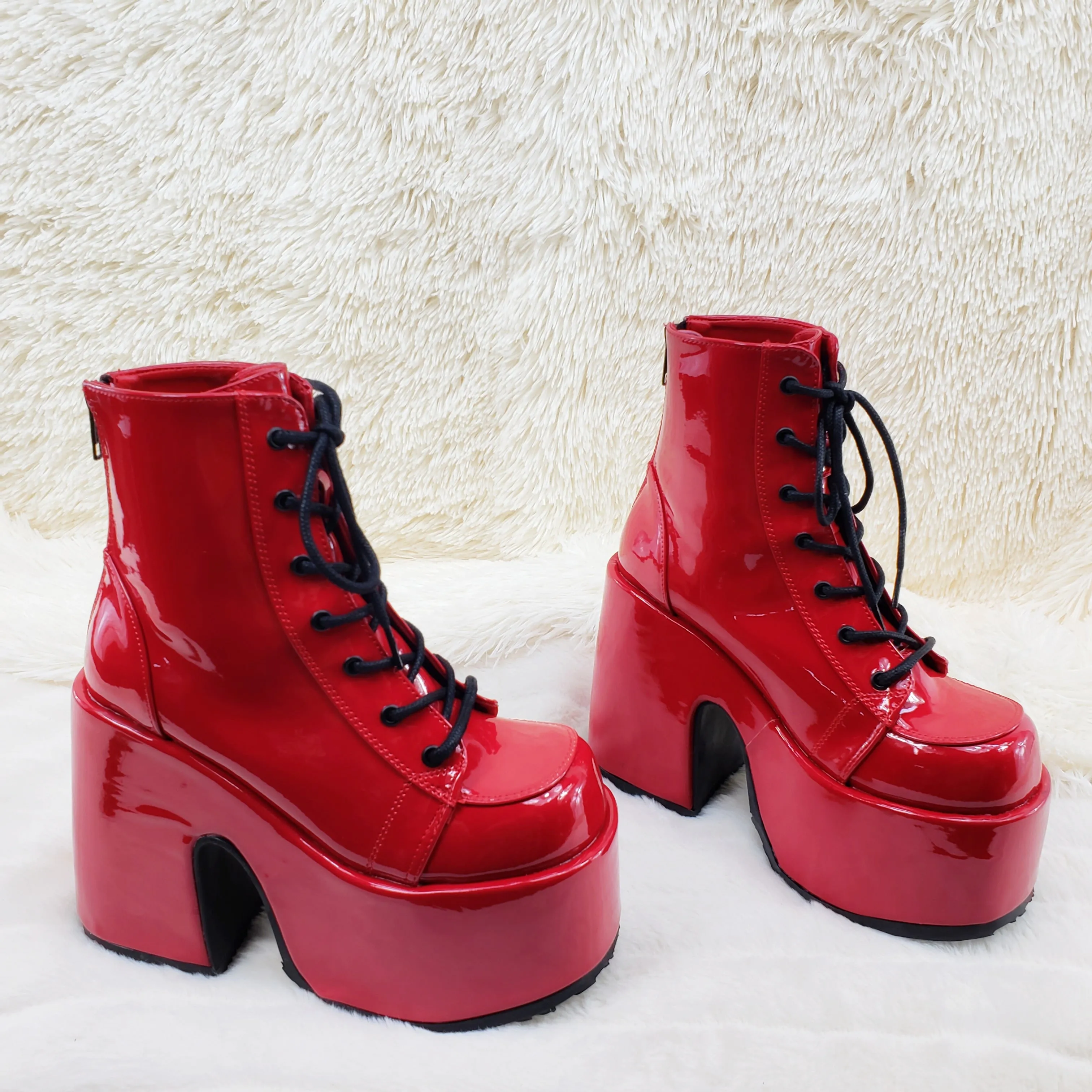 Camel 203 Red Patent Lace Up Goth Platform Ankle Boot  - Demonia Direct