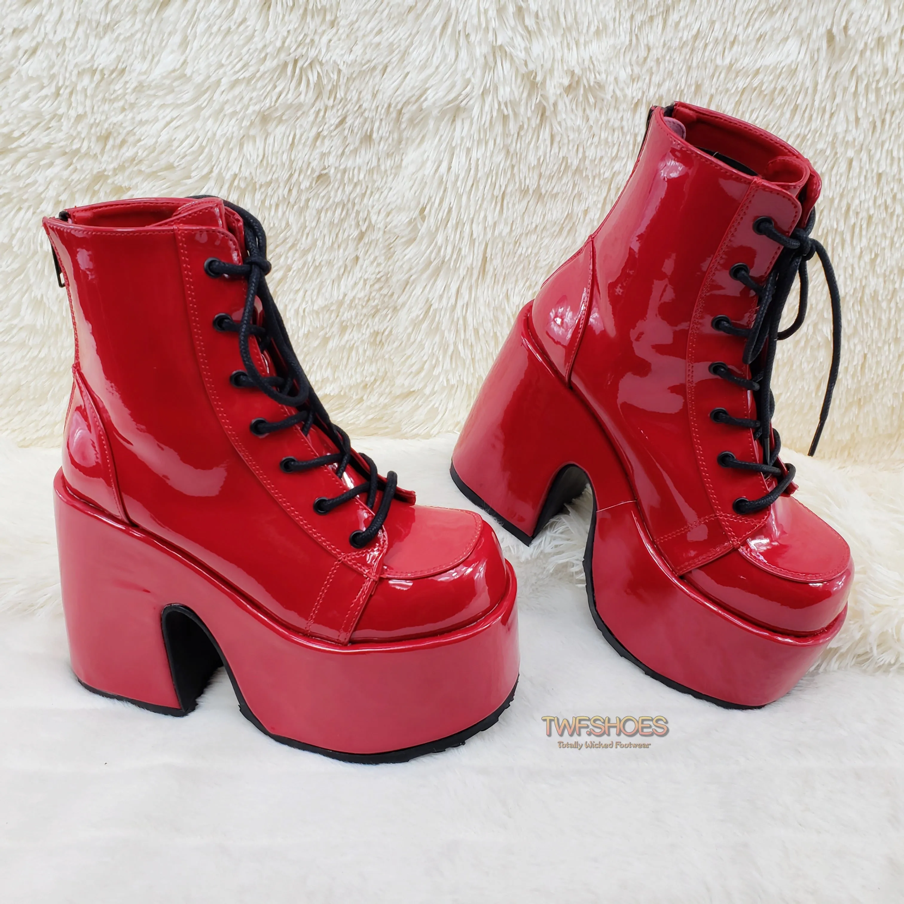 Camel 203 Red Patent Lace Up Goth Platform Ankle Boot  - Demonia Direct