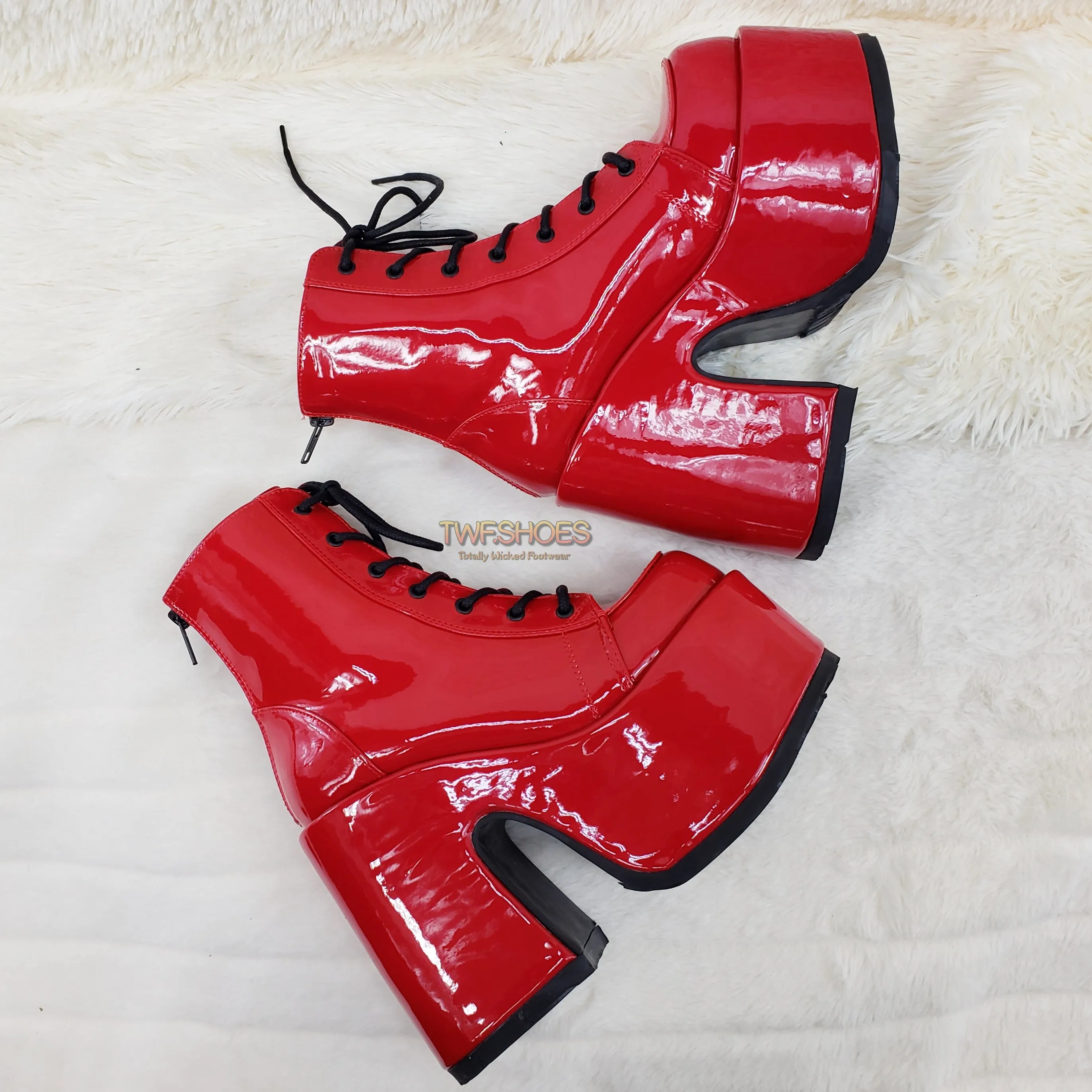 Camel 203 Red Patent Lace Up Goth Platform Ankle Boot  - Demonia Direct
