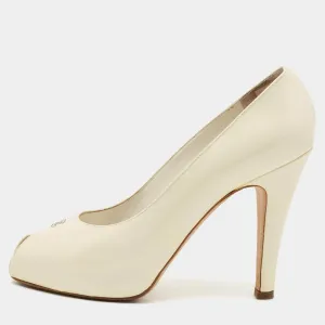 Chanel Cream Patent Leather CC Peep Toe Pumps Size 39.5 RJC4312