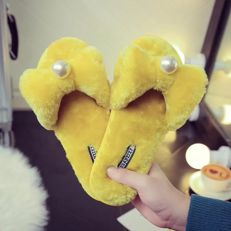 Chicvane Womens Pearl Bowknot  Faux Fur Open Toe Fluffy Slide on Slippers