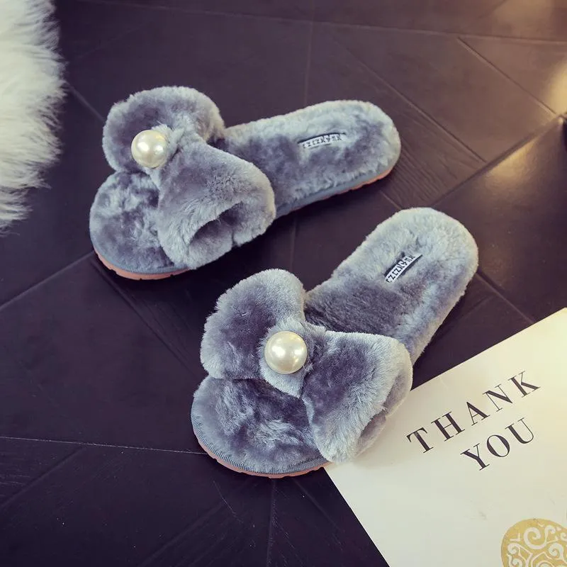 Chicvane Womens Pearl Bowknot  Faux Fur Open Toe Fluffy Slide on Slippers