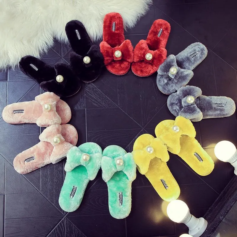 Chicvane Womens Pearl Bowknot  Faux Fur Open Toe Fluffy Slide on Slippers