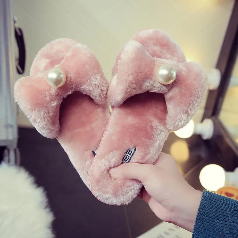 Chicvane Womens Pearl Bowknot  Faux Fur Open Toe Fluffy Slide on Slippers
