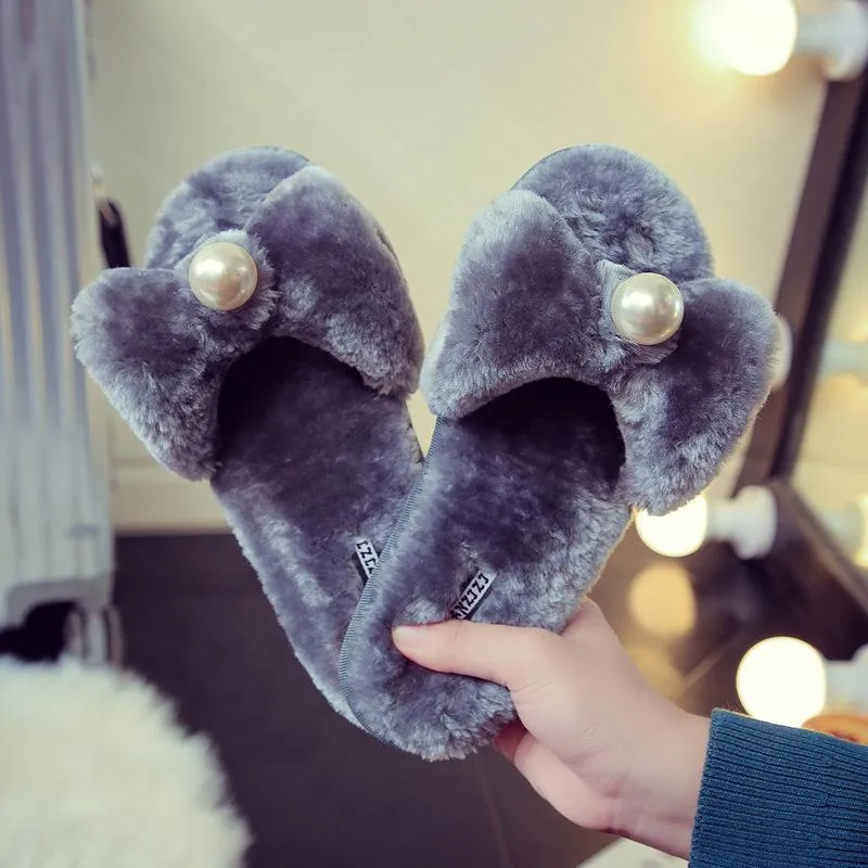 Chicvane Womens Pearl Bowknot  Faux Fur Open Toe Fluffy Slide on Slippers