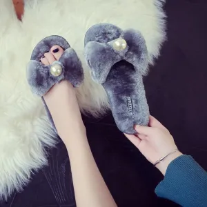 Chicvane Womens Pearl Bowknot  Faux Fur Open Toe Fluffy Slide on Slippers