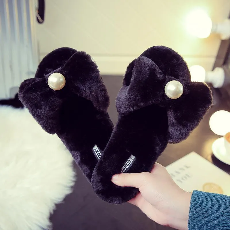 Chicvane Womens Pearl Bowknot  Faux Fur Open Toe Fluffy Slide on Slippers