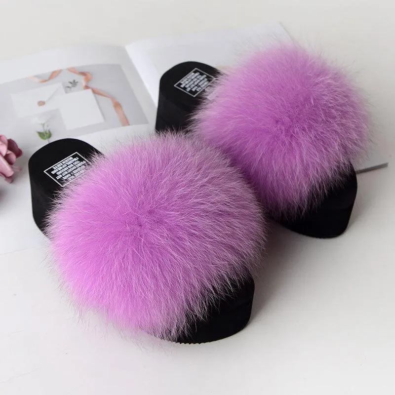 Chicvane Womens Solid Fox Fur Open Toe Fluffy Platform Slide Sleeper Sandals