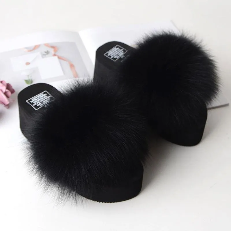 Chicvane Womens Solid Fox Fur Open Toe Fluffy Platform Slide Sleeper Sandals