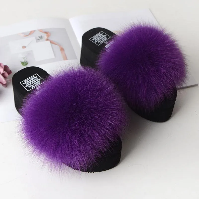 Chicvane Womens Solid Fox Fur Open Toe Fluffy Platform Slide Sleeper Sandals