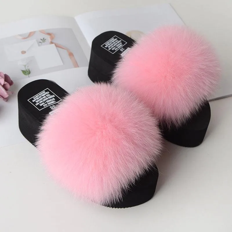 Chicvane Womens Solid Fox Fur Open Toe Fluffy Platform Slide Sleeper Sandals
