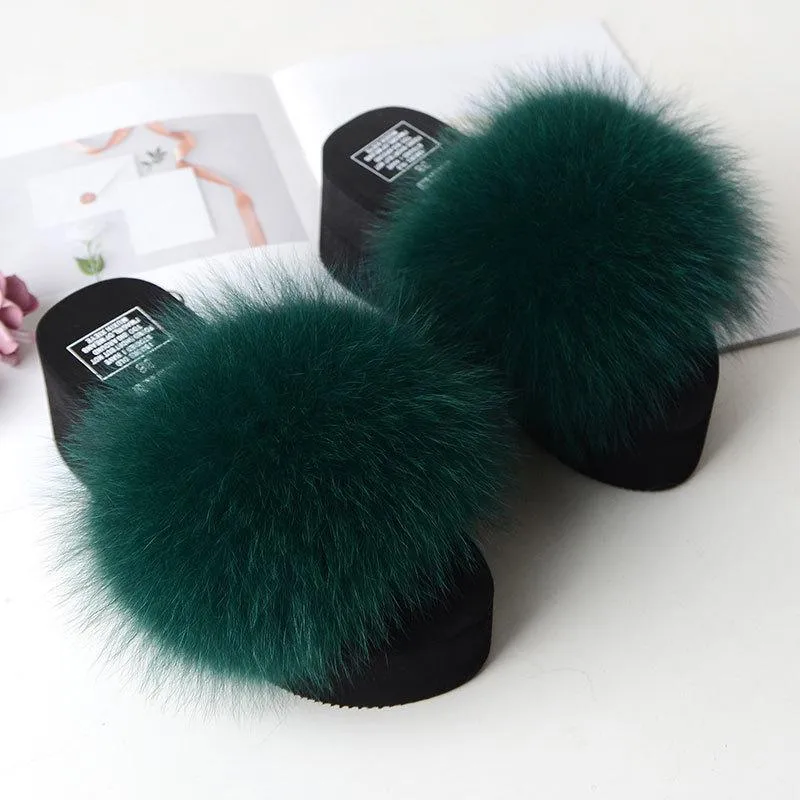 Chicvane Womens Solid Fox Fur Open Toe Fluffy Platform Slide Sleeper Sandals
