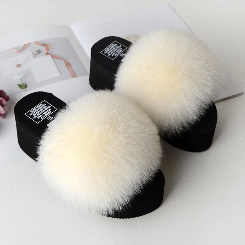Chicvane Womens Solid Fox Fur Open Toe Fluffy Platform Slide Sleeper Sandals