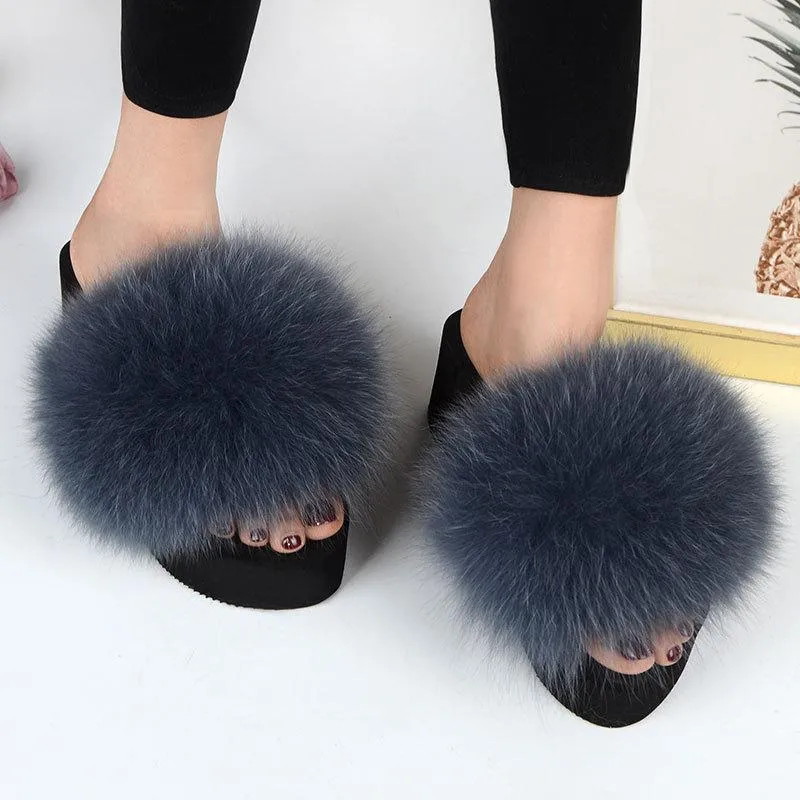 Chicvane Womens Solid Fox Fur Open Toe Fluffy Platform Slide Sleeper Sandals