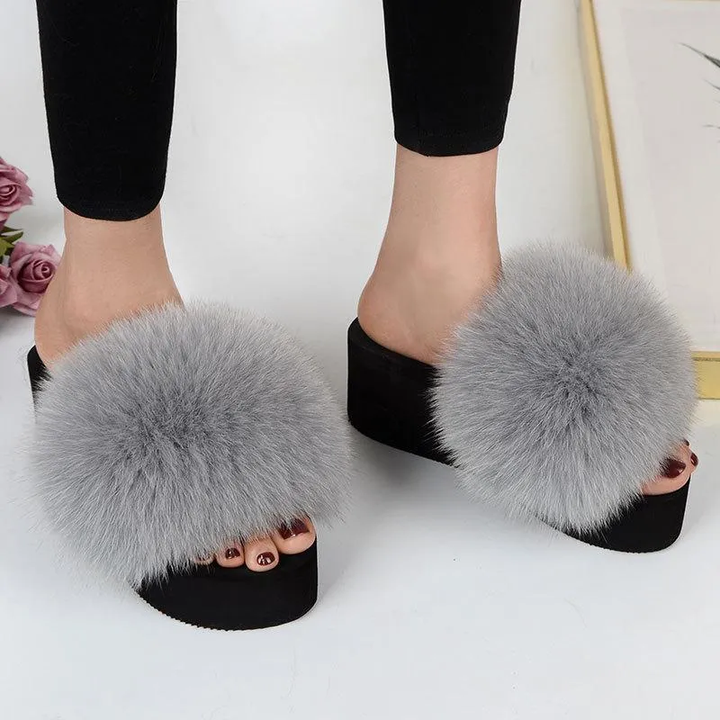 Chicvane Womens Solid Fox Fur Open Toe Fluffy Platform Slide Sleeper Sandals