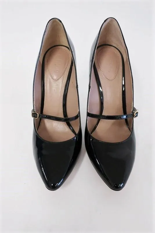 Chloe Mary Jane Pumps Black Patent Leather Heel Size 36