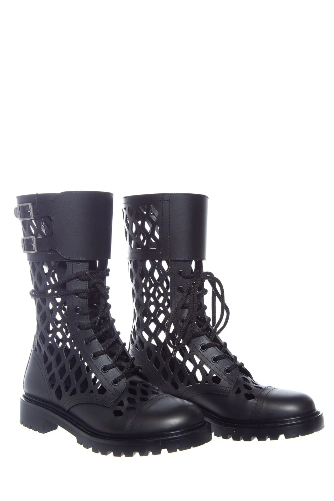 Christian Dior Black Leather Lasercut Combat Boots SZ 40