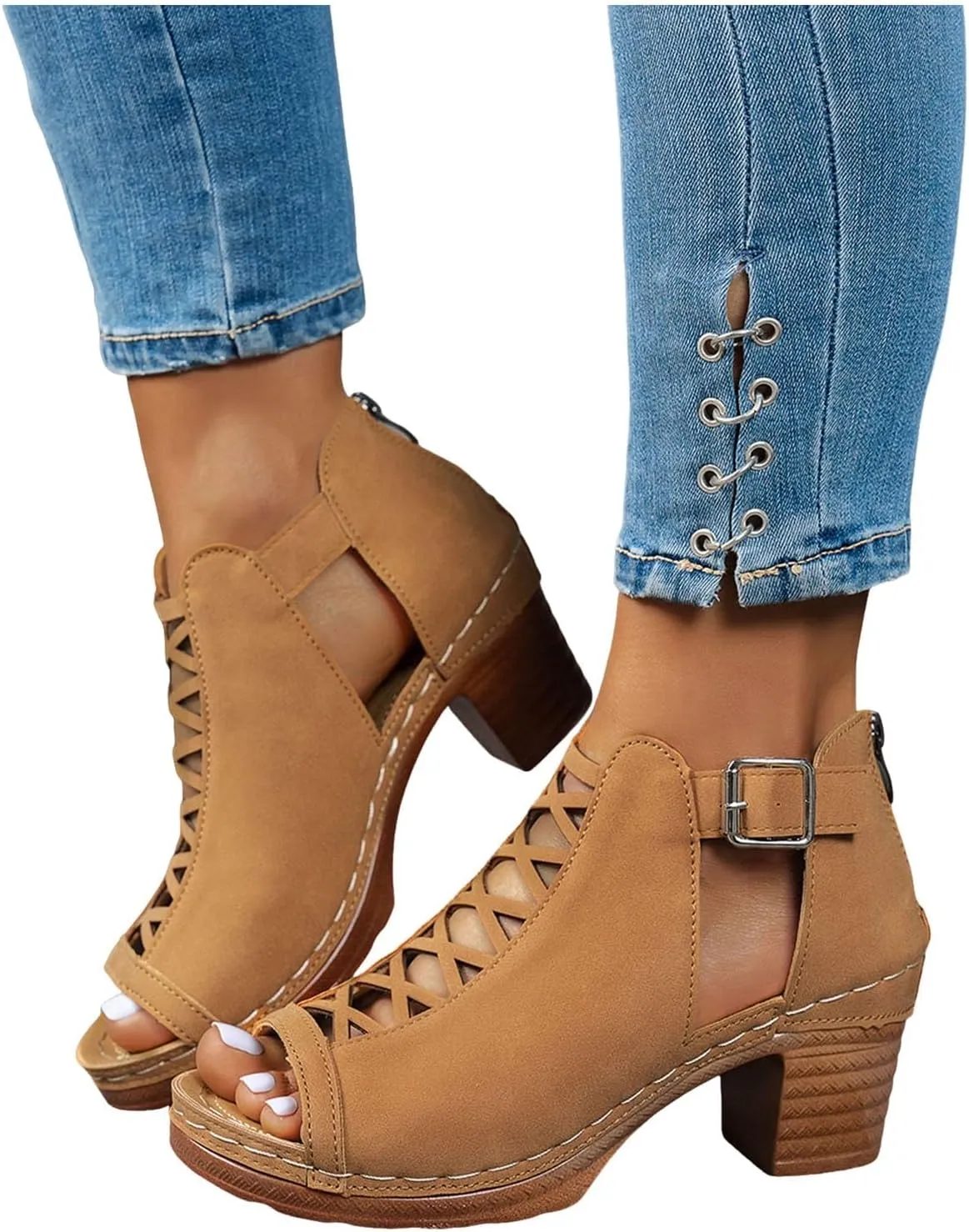 Chunky Block Heel Sandals for Women Dressy,Open Toe Slingback Strappy Heels for Women Sexy Back Zipper Ladies Cutout Dress Shoes Holiday Party Wedding Summer Ankle Booties