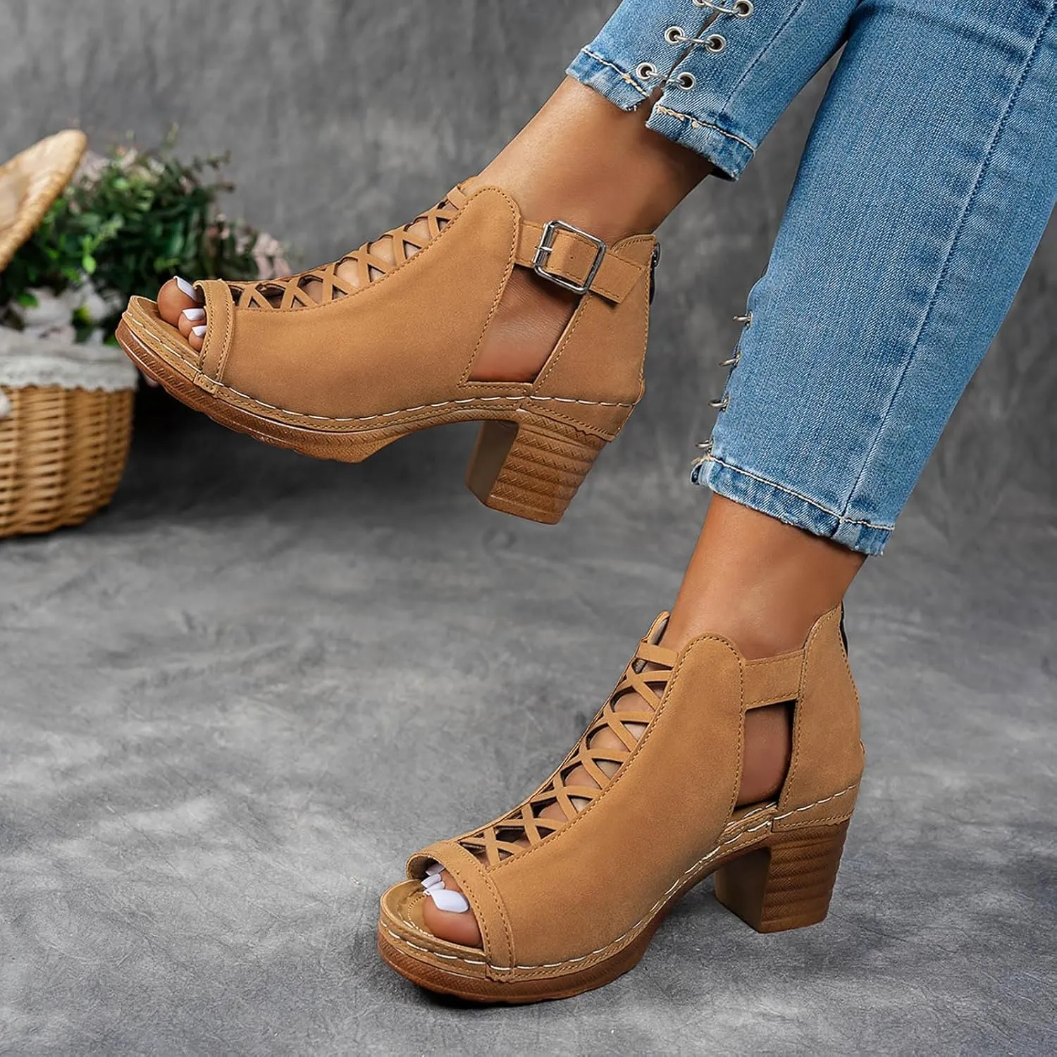 Chunky Block Heel Sandals for Women Dressy,Open Toe Slingback Strappy Heels for Women Sexy Back Zipper Ladies Cutout Dress Shoes Holiday Party Wedding Summer Ankle Booties