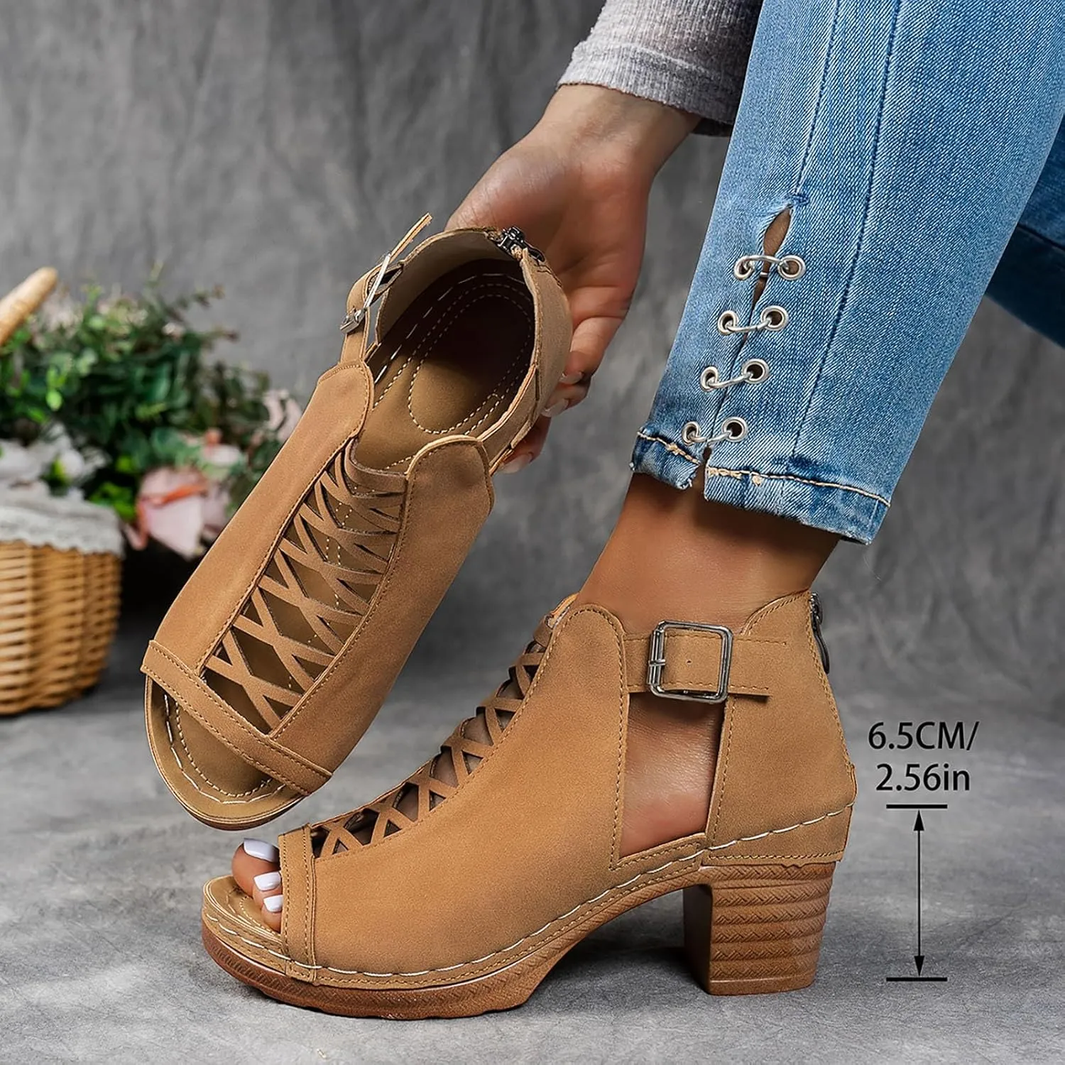 Chunky Block Heel Sandals for Women Dressy,Open Toe Slingback Strappy Heels for Women Sexy Back Zipper Ladies Cutout Dress Shoes Holiday Party Wedding Summer Ankle Booties